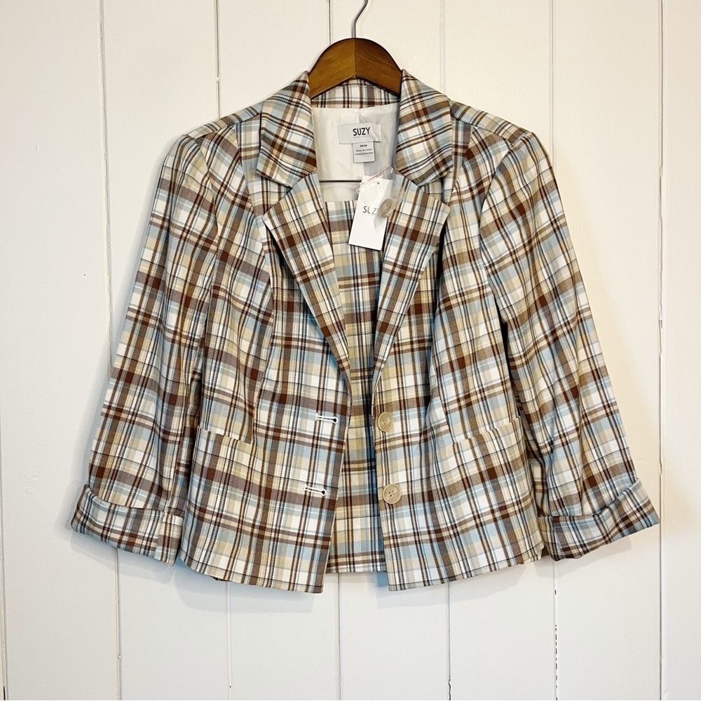Suzy Shier Blue, Tan and Cream Plaid Jacket and Skirt Set. Size Medium. NWT.